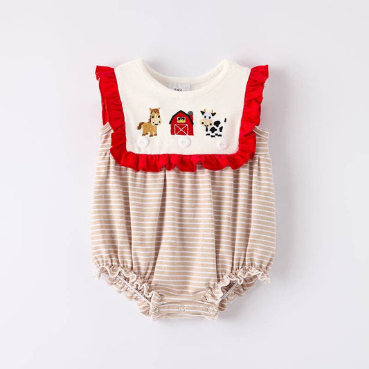 Baby Girls Farm Embroidered Red Ruffled Stripes Romper