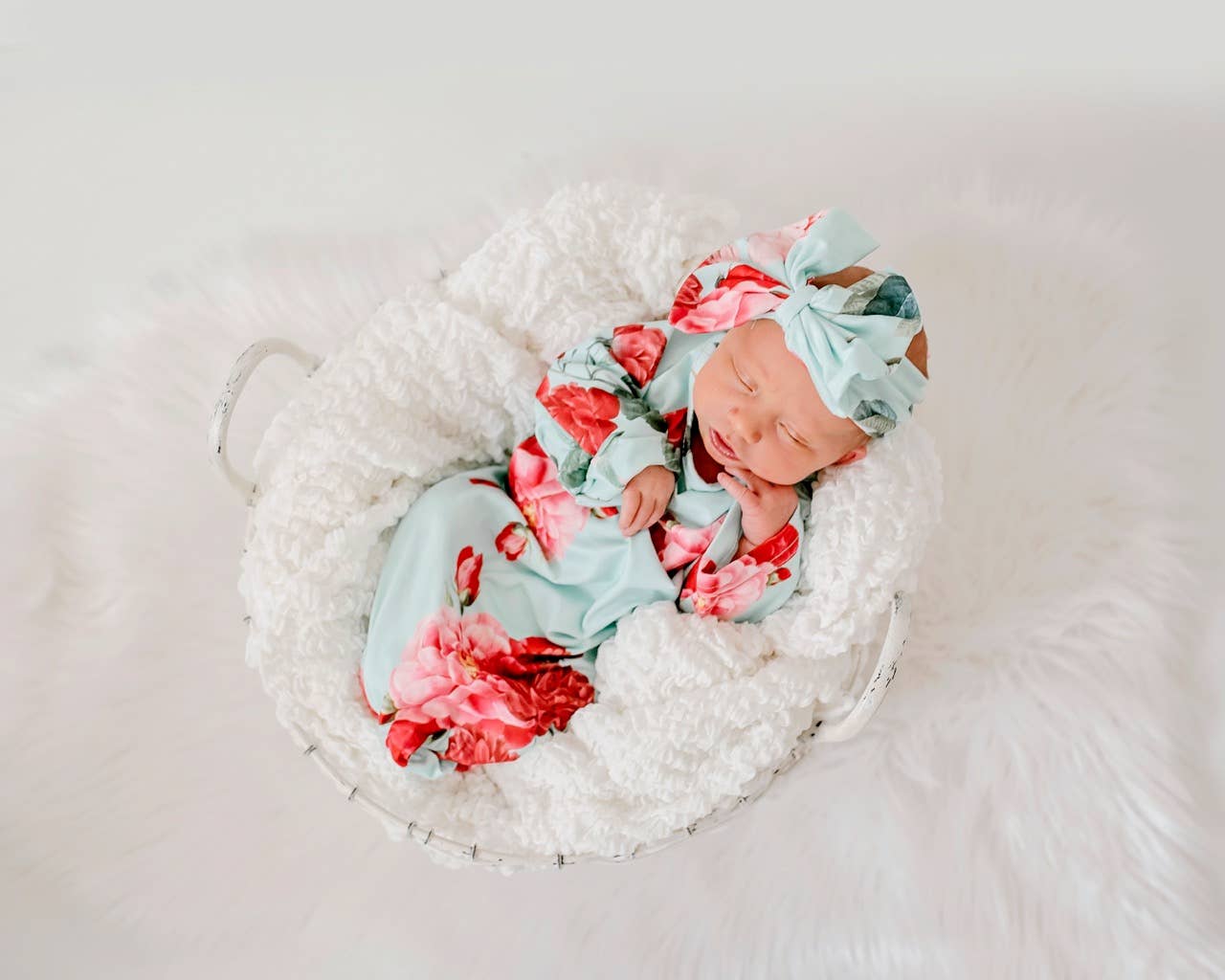 Adorable Sweetness - Infant Girls Teal Rose Baby Gown and Bow Headband