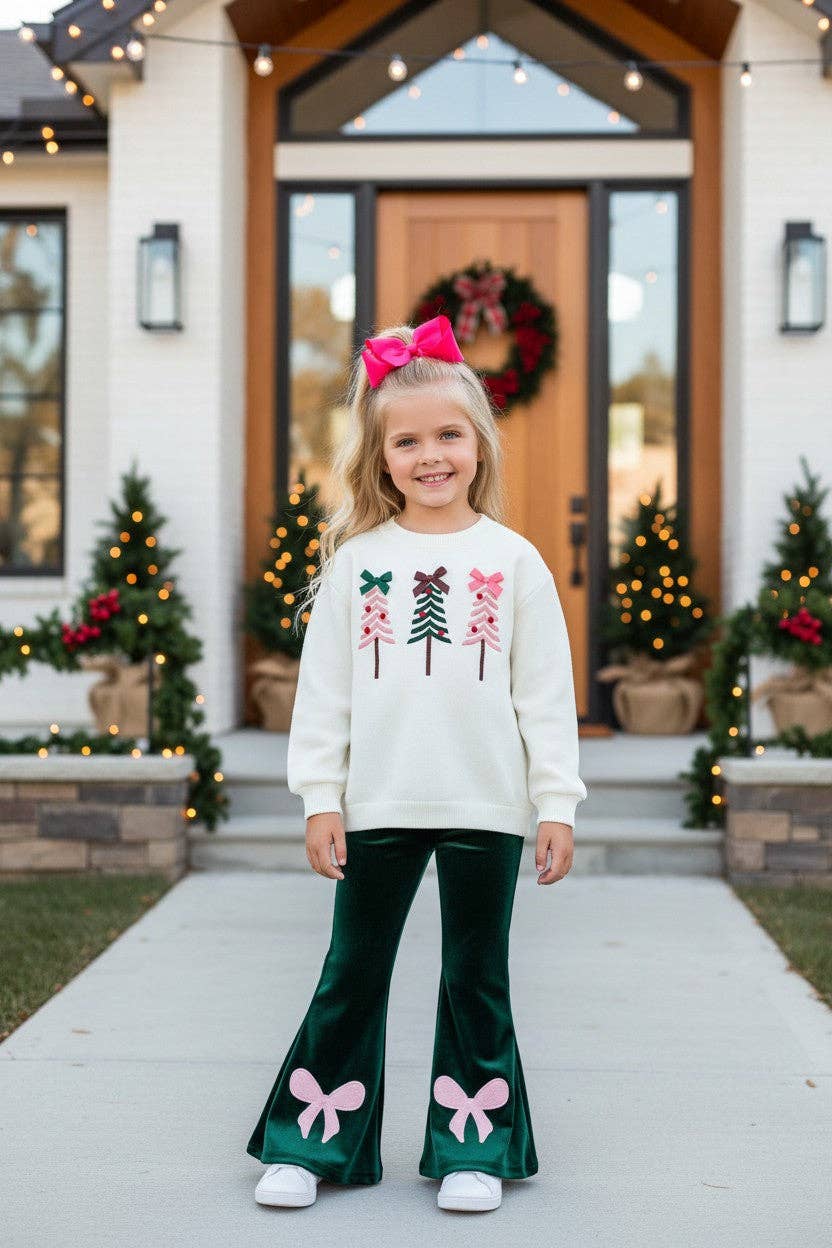 Multi color embroidered Christmas tree on white sweater