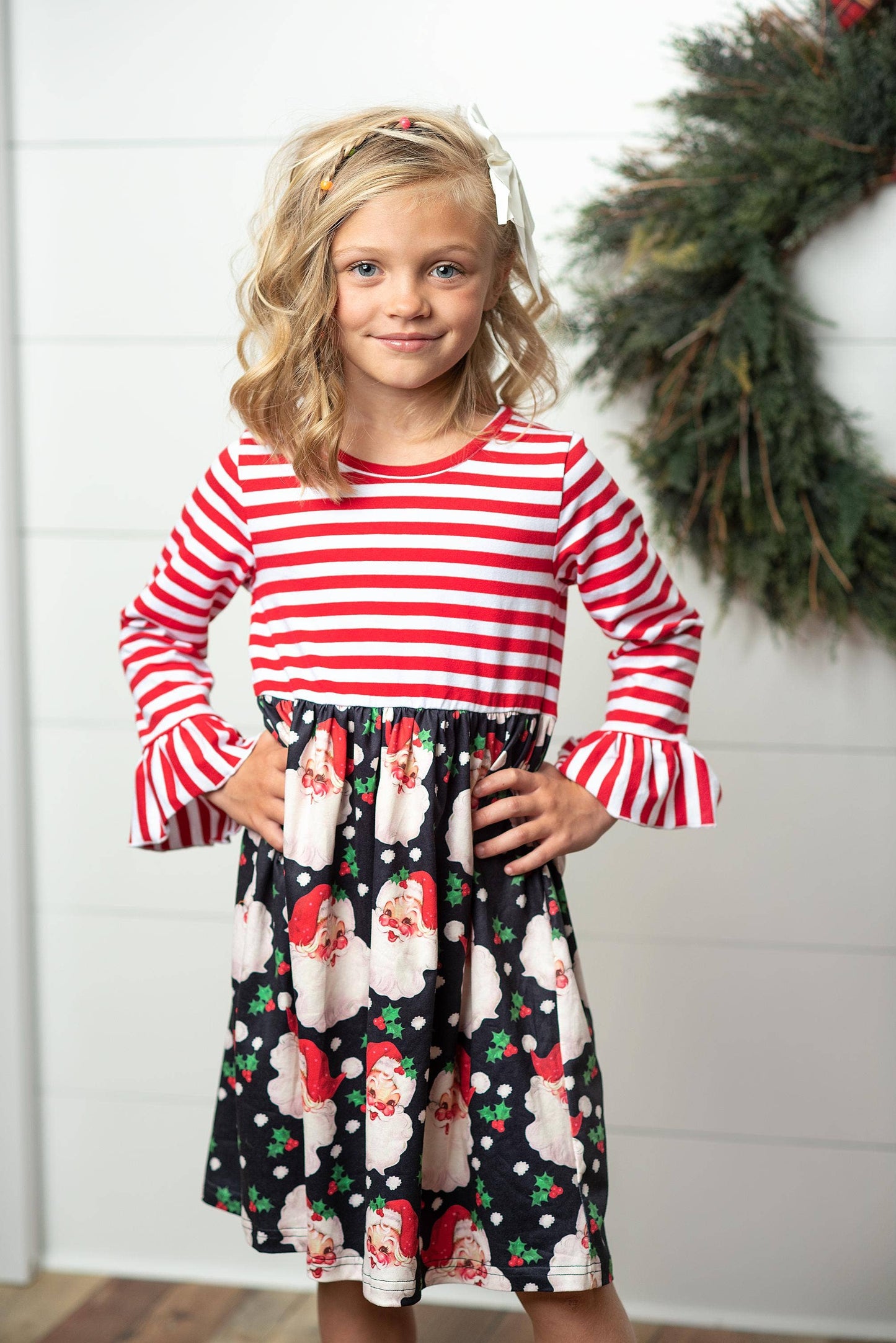 Adorable Sweetness - Kids Santa Candy Cane Stripe Holiday Ruffle Twirl Dress