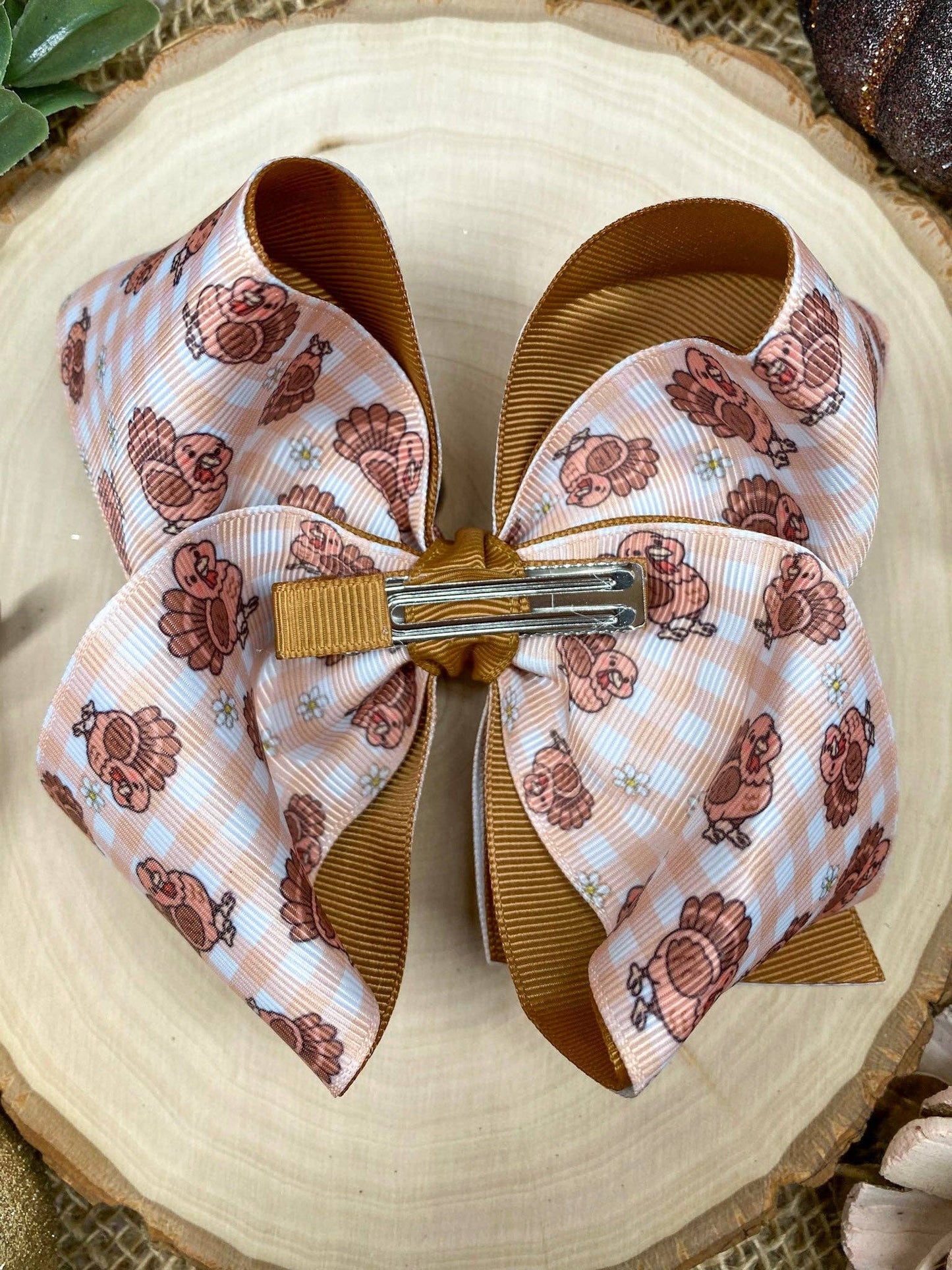 Turkey Print Gingham Bow | Thanksgiving Hair Bow | Clip or Headband