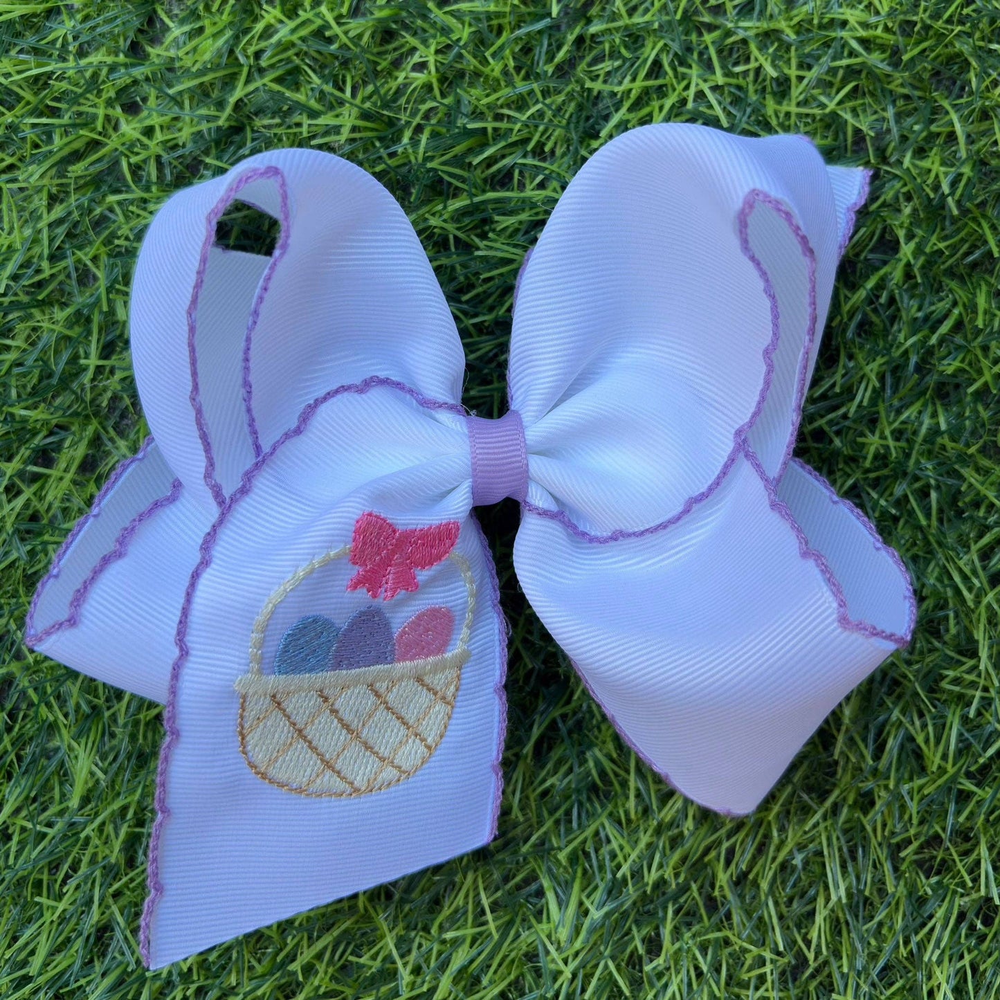 5" Easter embroidered hair bows with moon stitch trim
