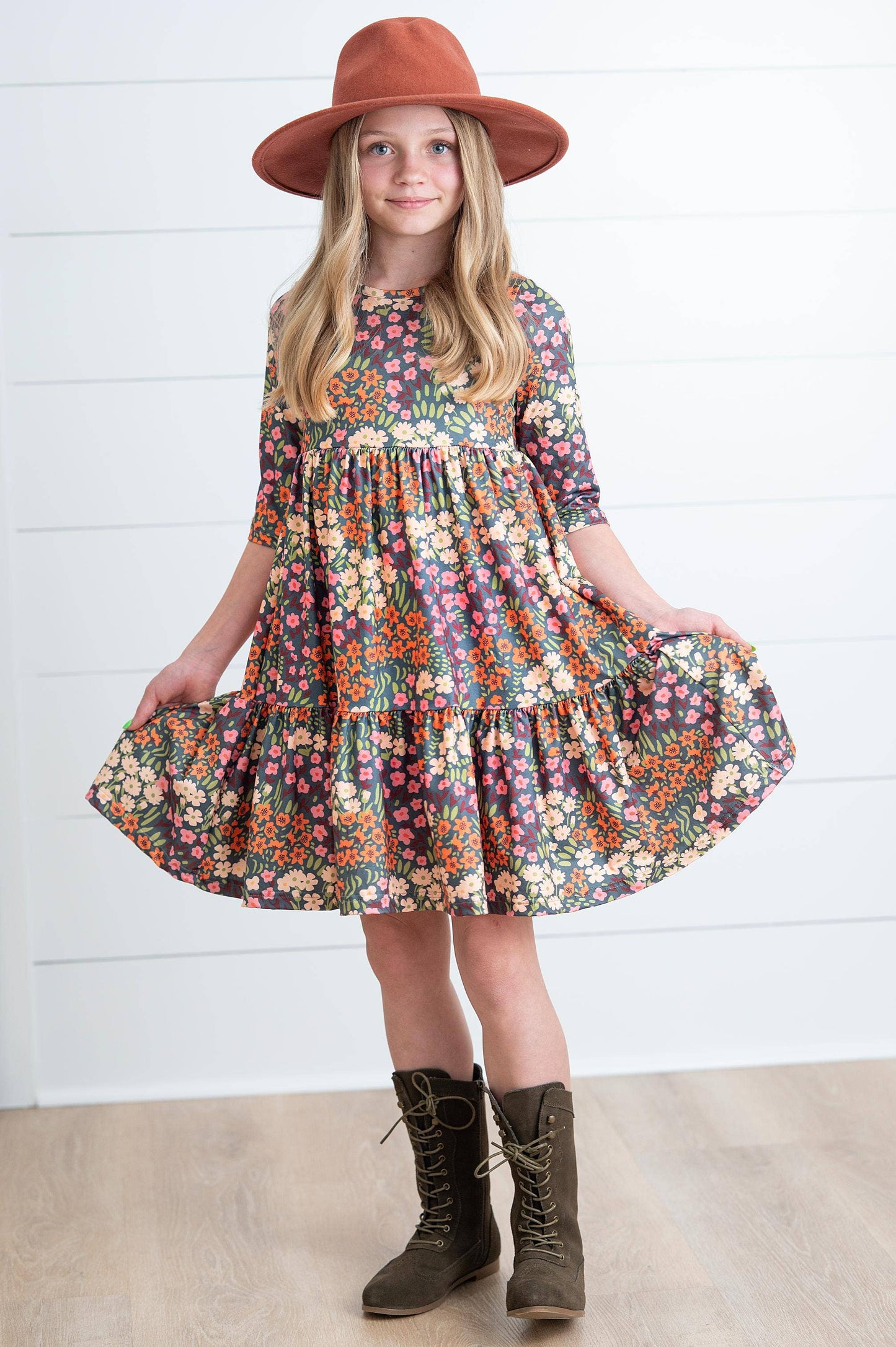 Oopsie Daisy - Girls Emma Rust Fall Flower Fields Tiered Twirl Dress