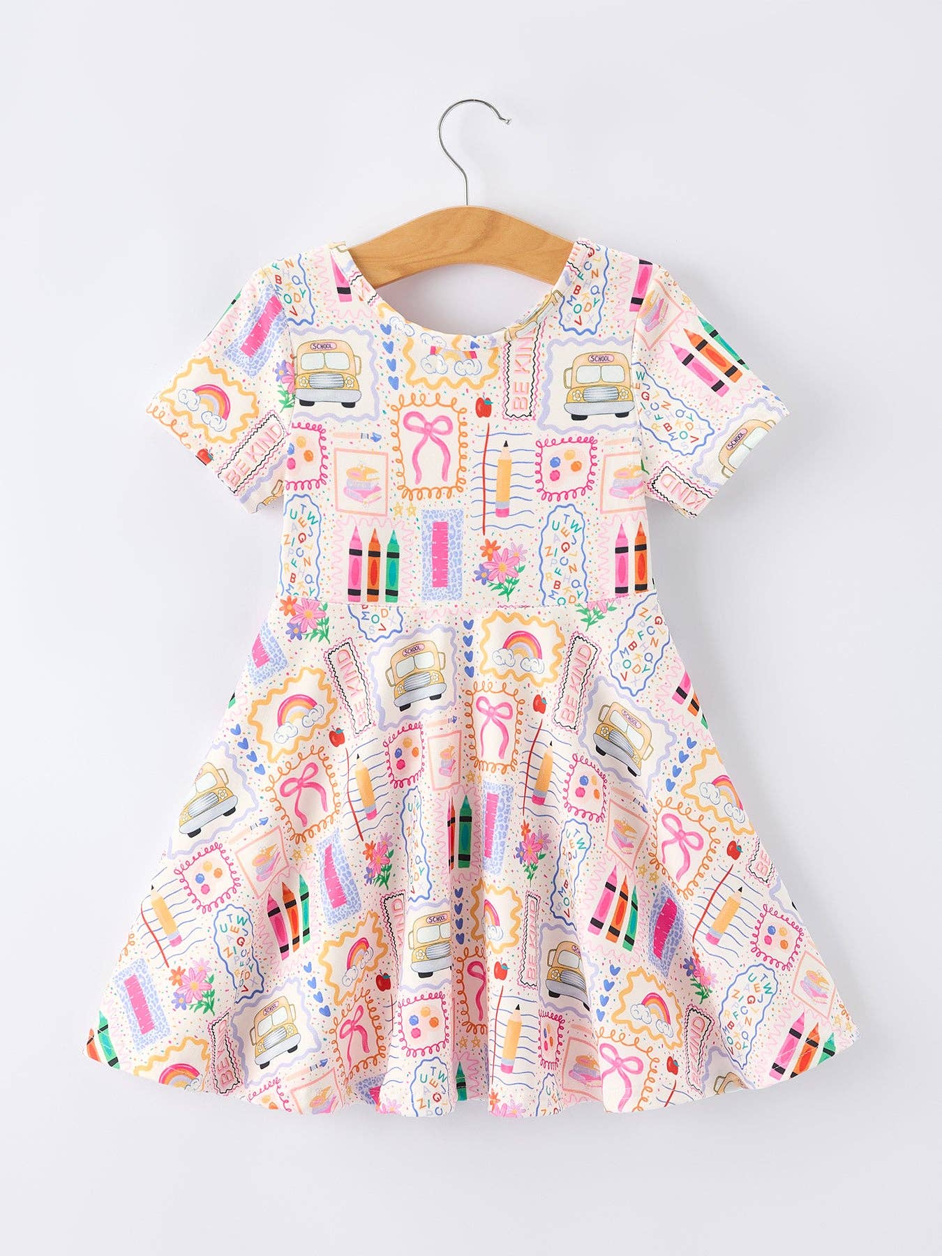 Rylee Faith Designs - Back to School Rainbow Print Girls Dress Short Sleeve