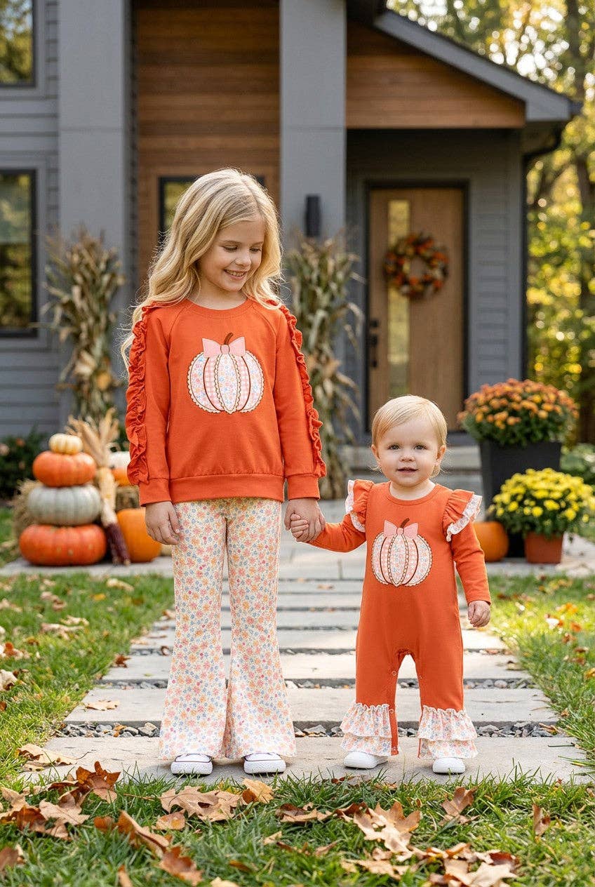 Kids Charm Online - Orange baby romper w/ floral applique pumpkin & snaps. RPG62709 SOL