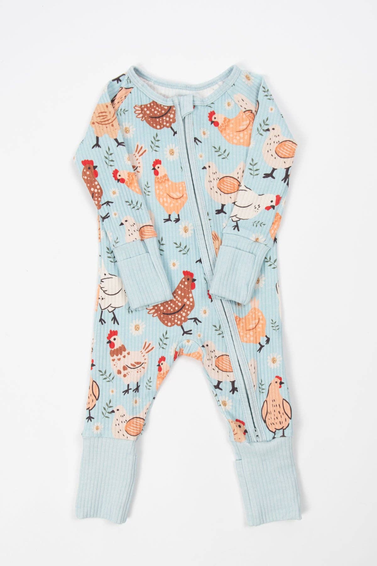 Blue Chickens & Blooms Baby Ribbed Cotton Zippy