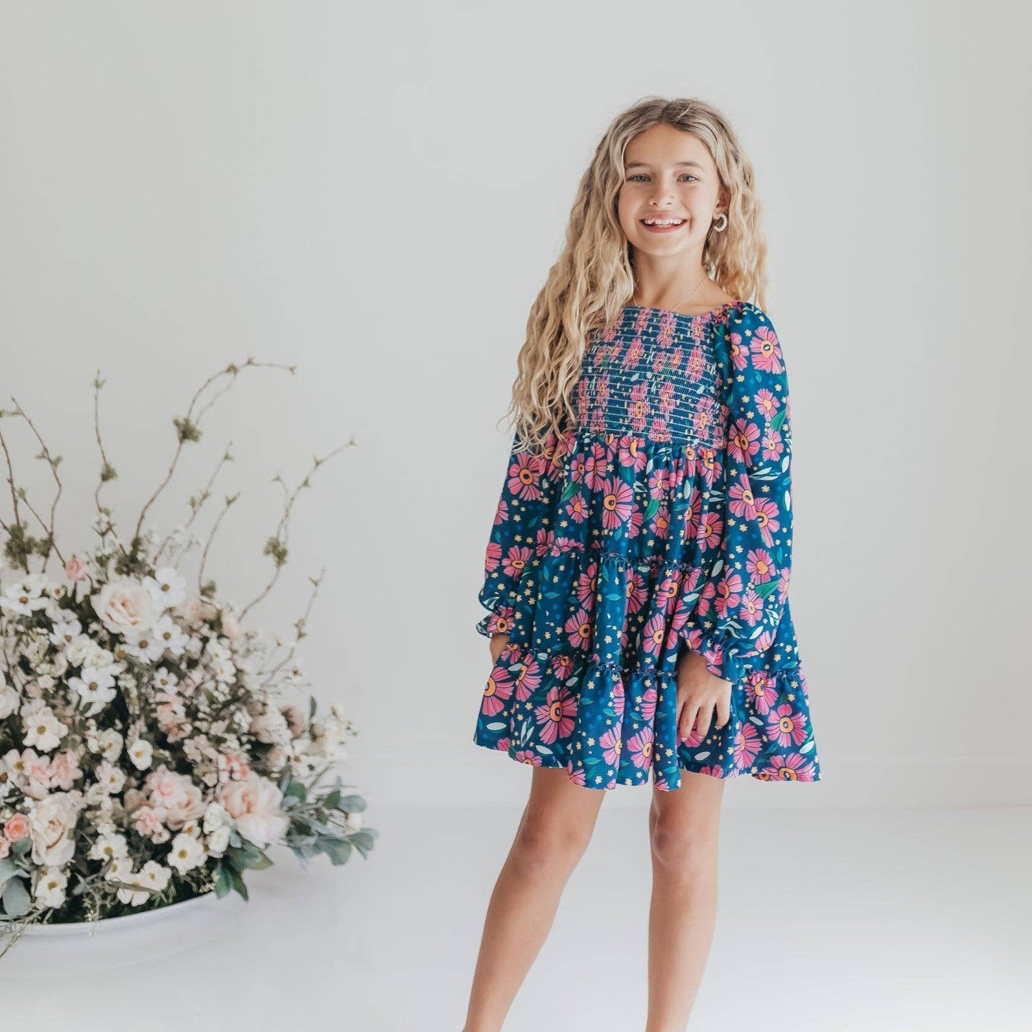 Oopsie Daisy - Girls Grace Blue & Pink Flower 3 Tiered Smocked Dress