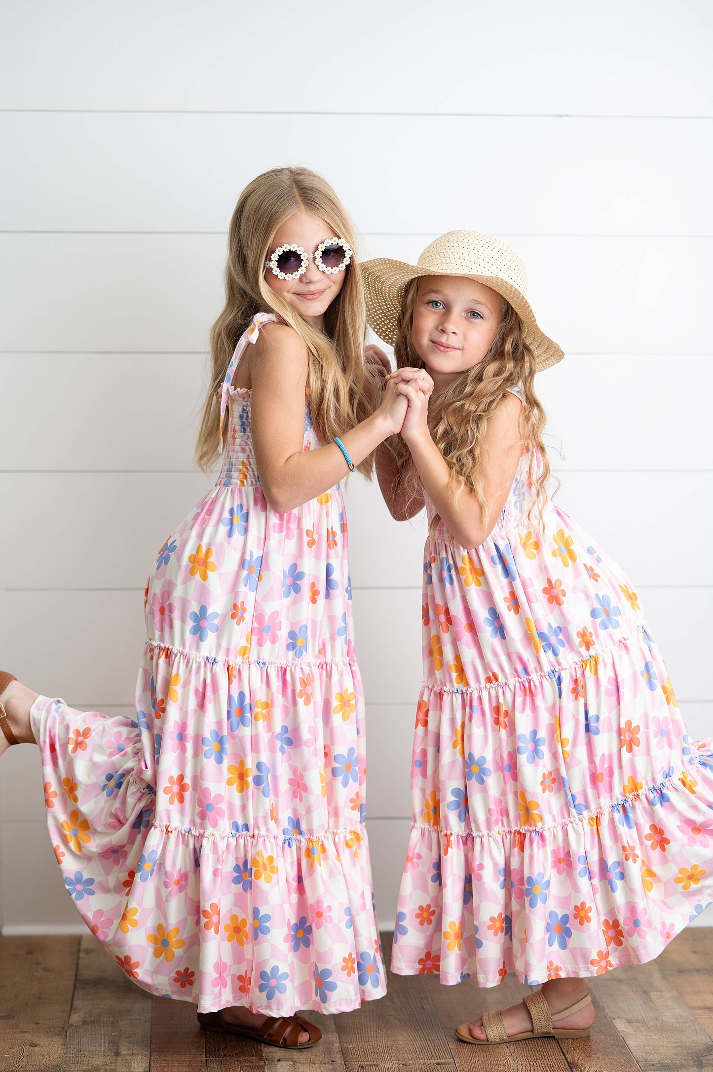 Oopsie Daisy - Girls Pink Retro Daisy Tiered Spring Summer Maxi Dress