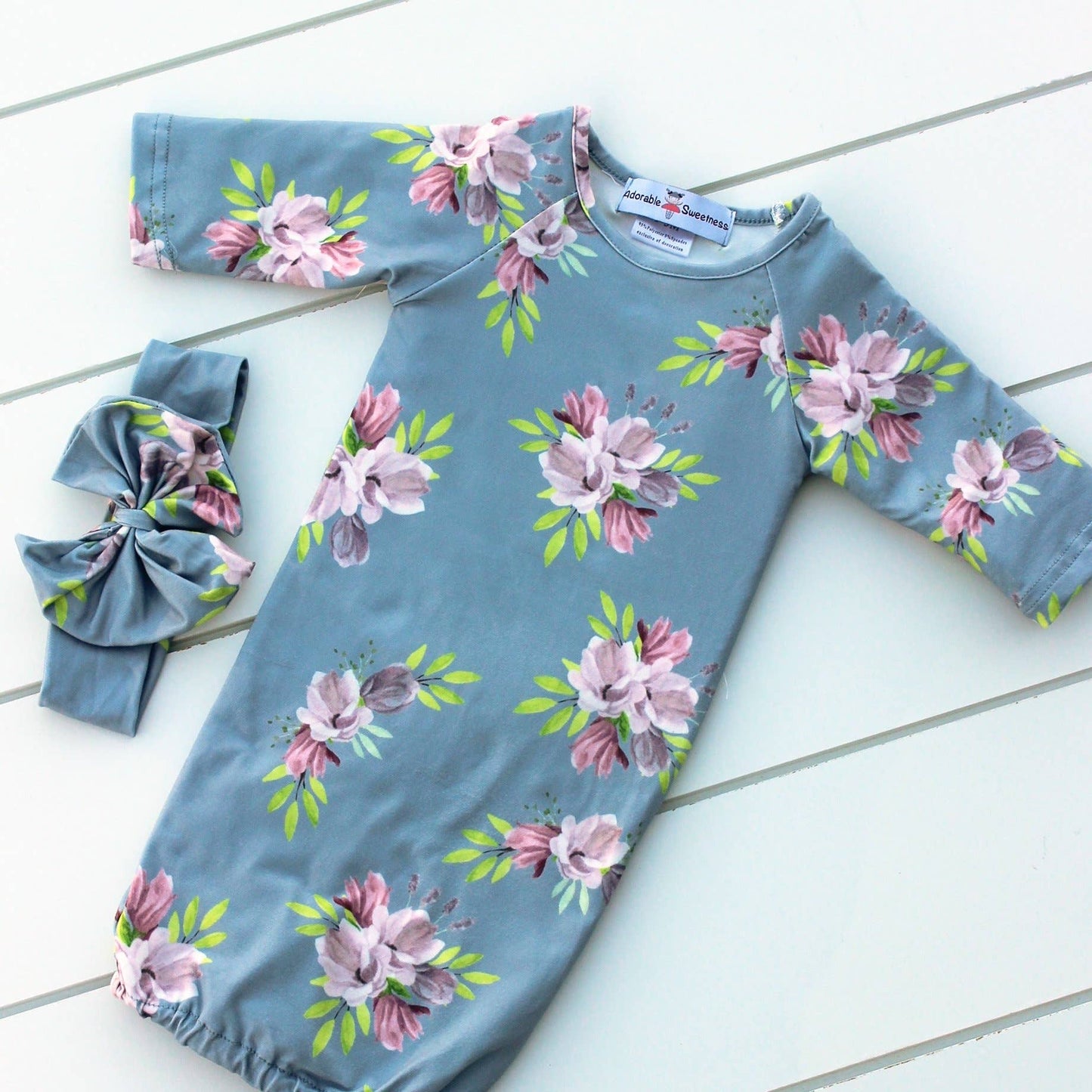 Adorable Sweetness - Infant Girls Gray Blue Floral Baby Gown and Bow Headband