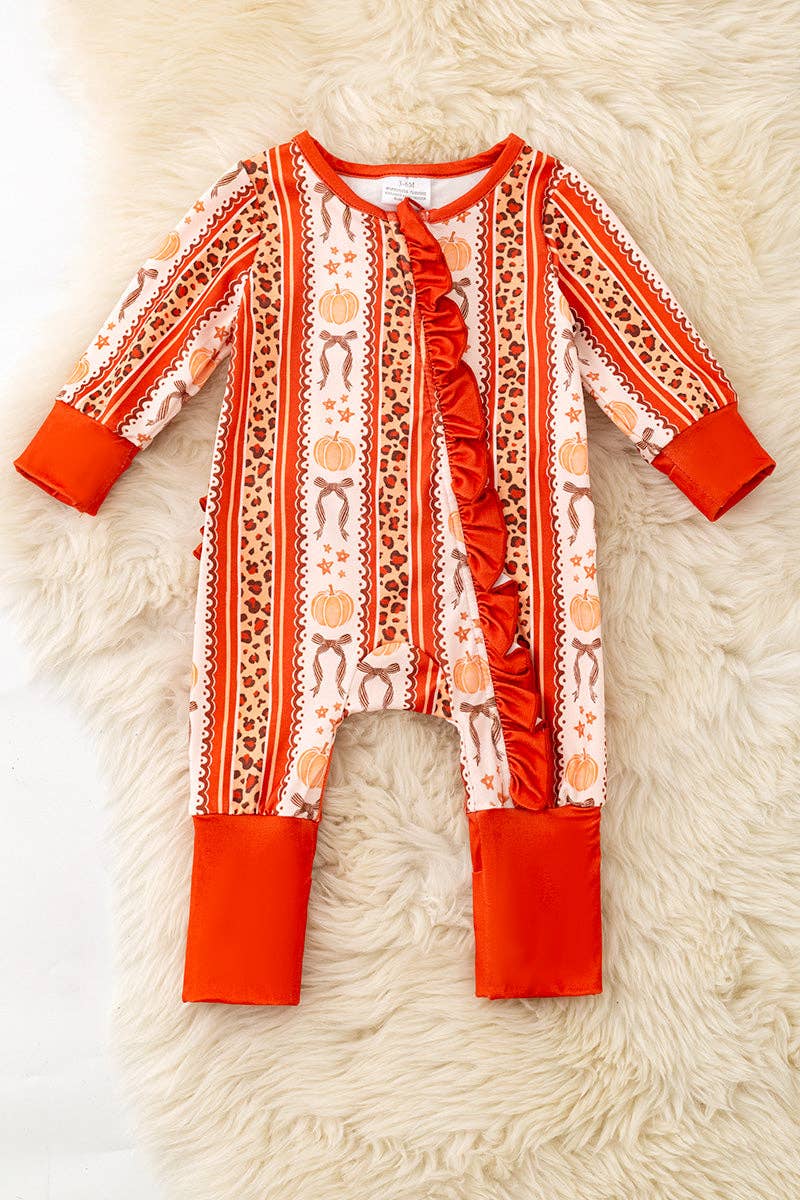Kids Charm Online - Pumpkin & cheetah printed girls baby romper with ruffle butt. RPG62331 SOL
