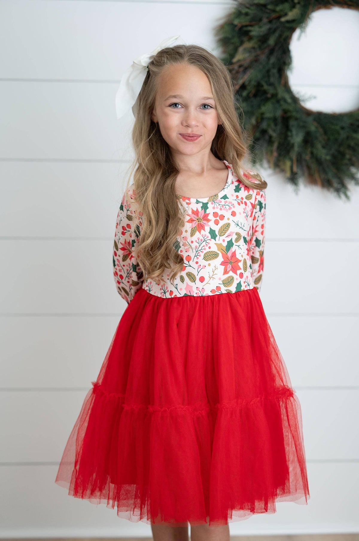 Girls Red Green Christmas Holiday Poinsettia Twirl Dress