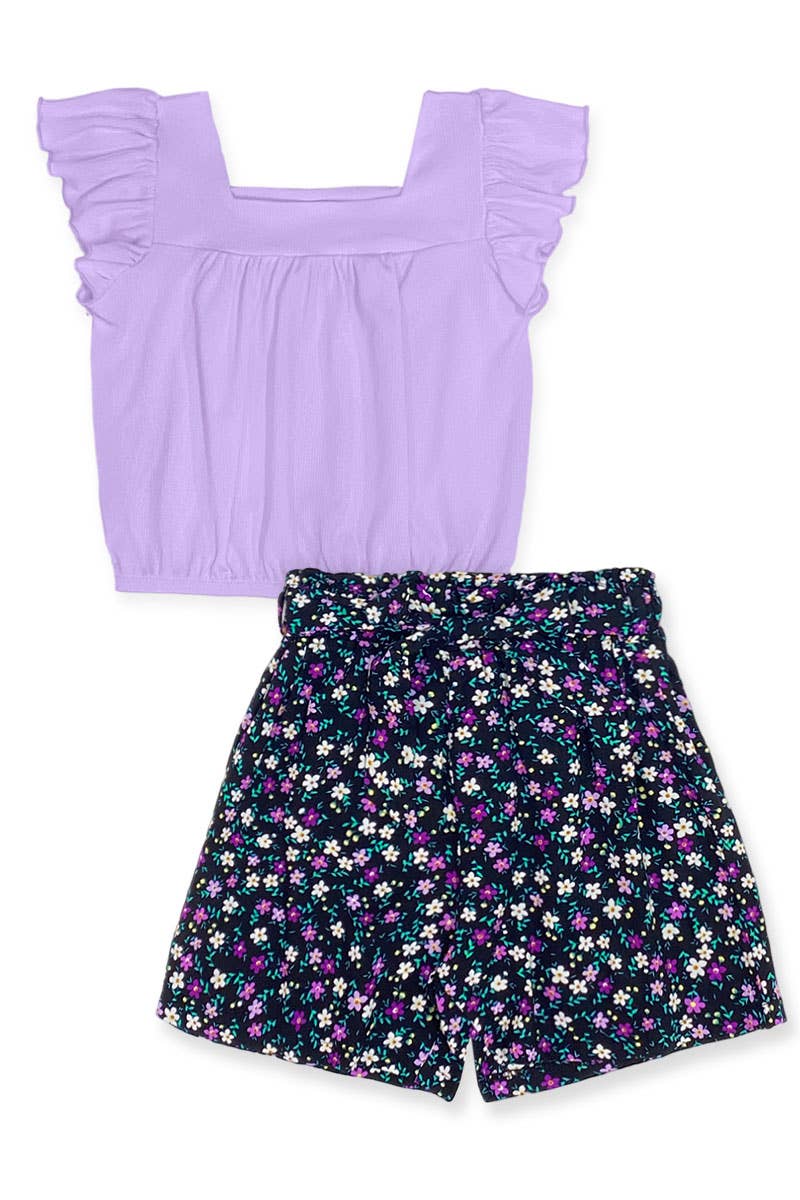 2 pc Floral Short Set w/ Ribbed Top (Lilac)