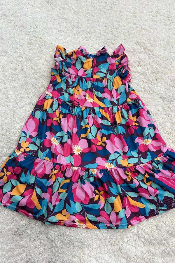 Floral printed sleeveless long style girls dress