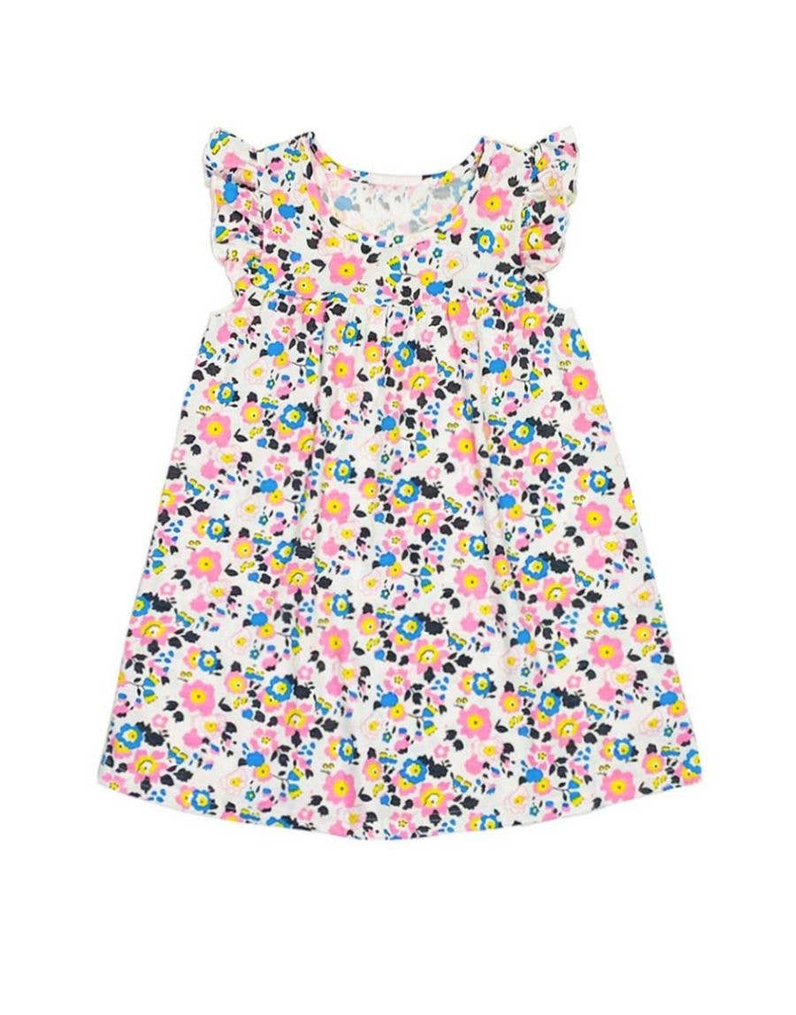 white Summer Floral Dress w/Ruffle Sleeve