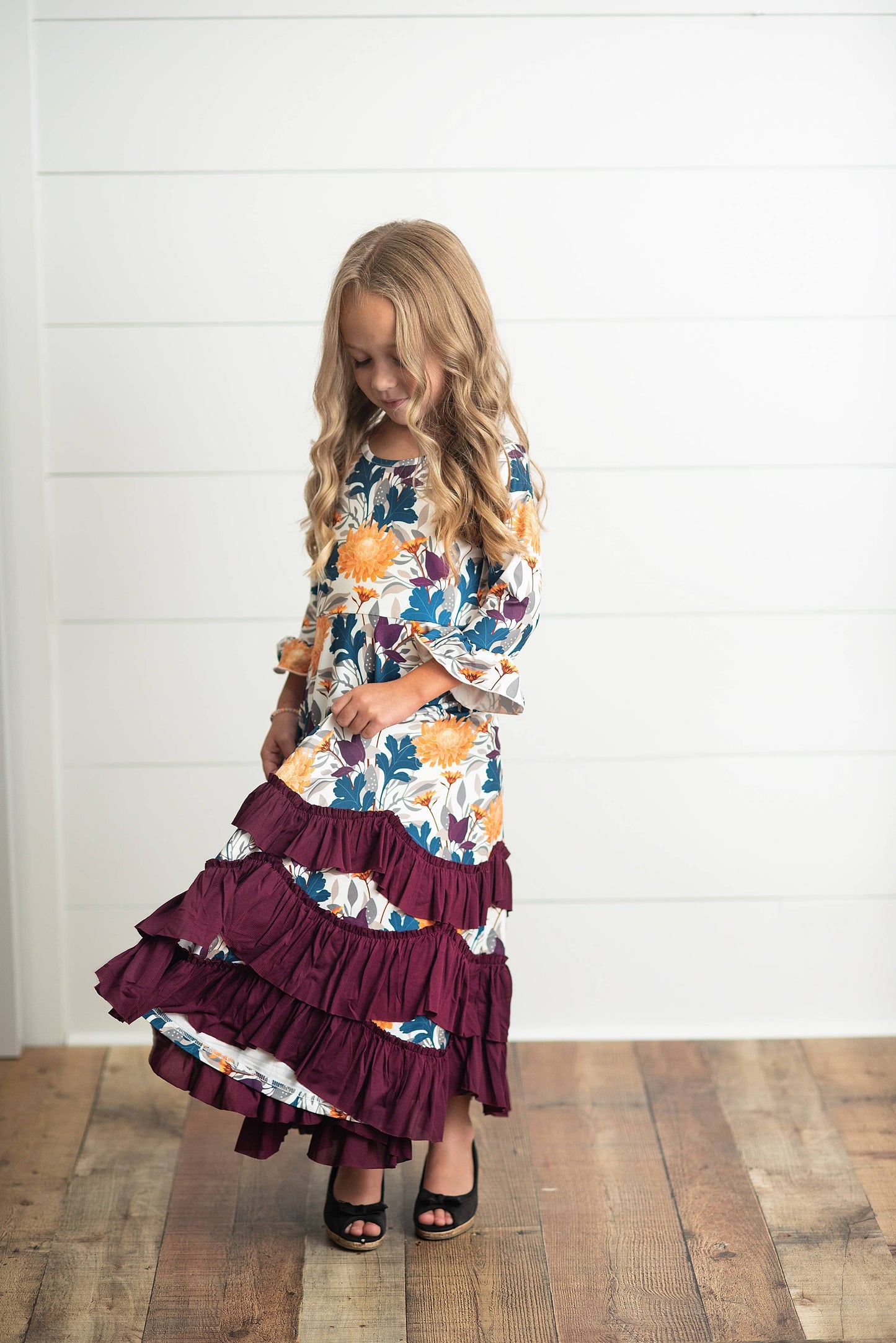 Kids Mustard & Plum Long Sleeve Ruffles Dress