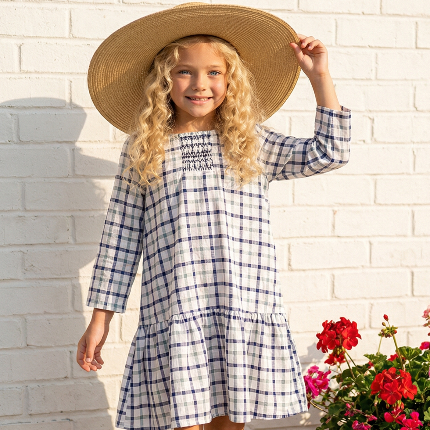 Oopsie Daisy - Girls Navy & White Plaid Smocked Ruffle Spring Dress