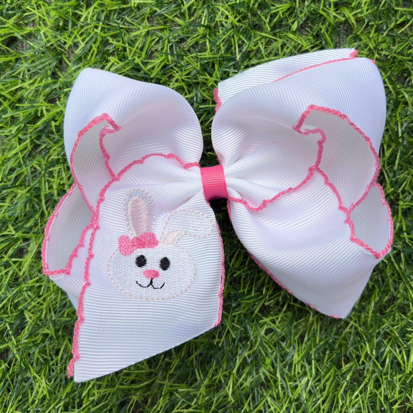 5" Easter embroidered hair bows with moon stitch trim