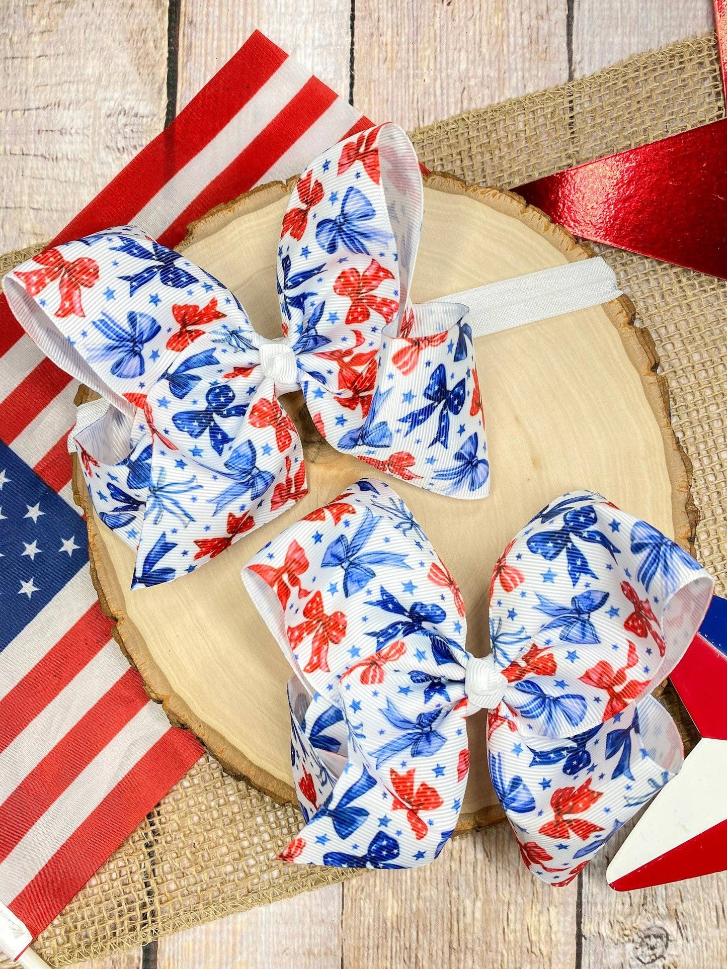 Red White & Blue Bow Print Classic Hair Bow | Clip