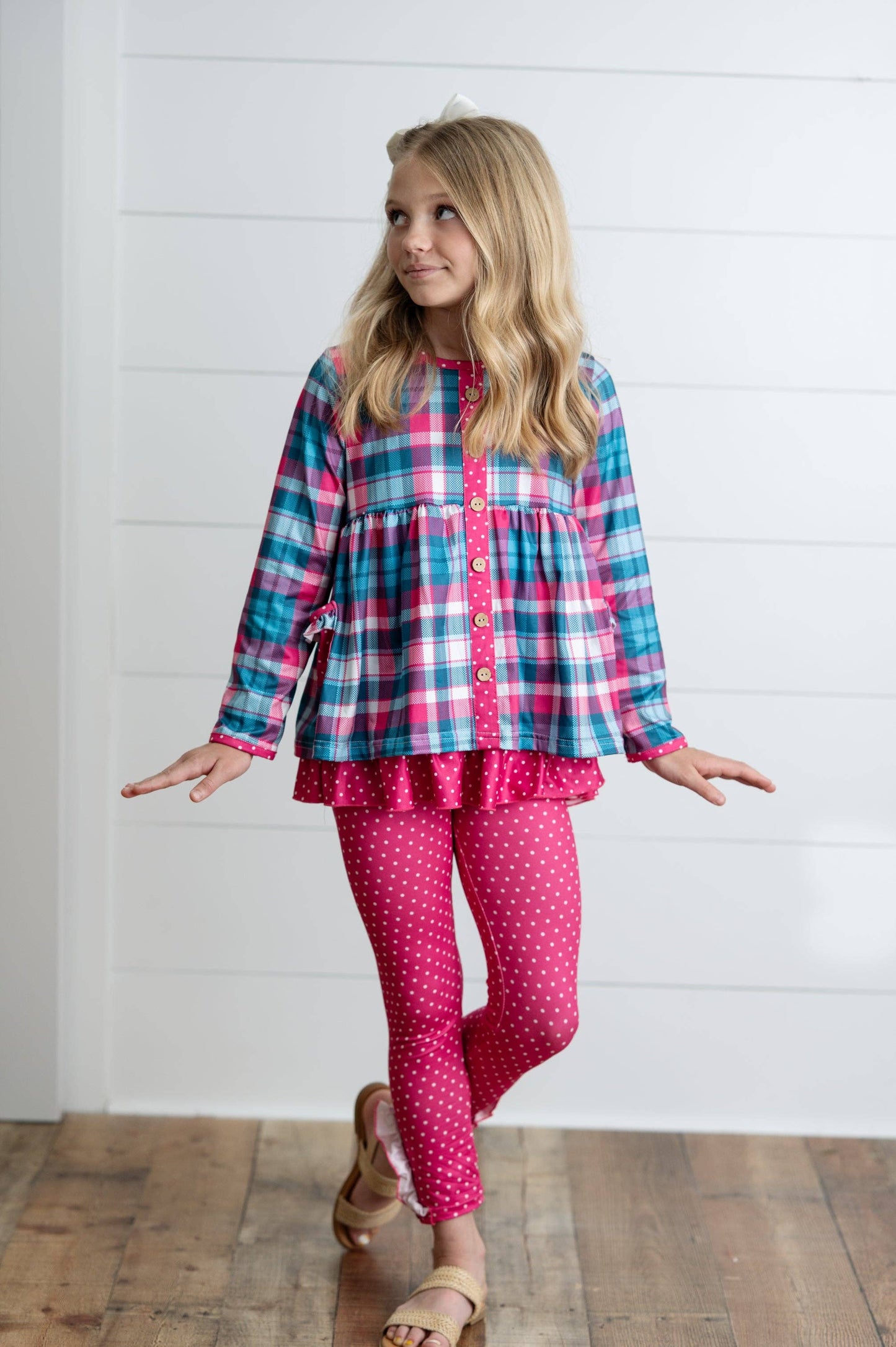 Adorable Sweetness - Girls Hot Pink & Teal Plaid Ruffle Pocket Button Legging Set