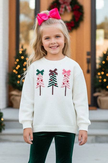 Multi color embroidered Christmas tree on white sweater
