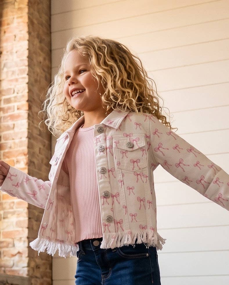 Kids Coquette Pink Bow White  Denim Jacket