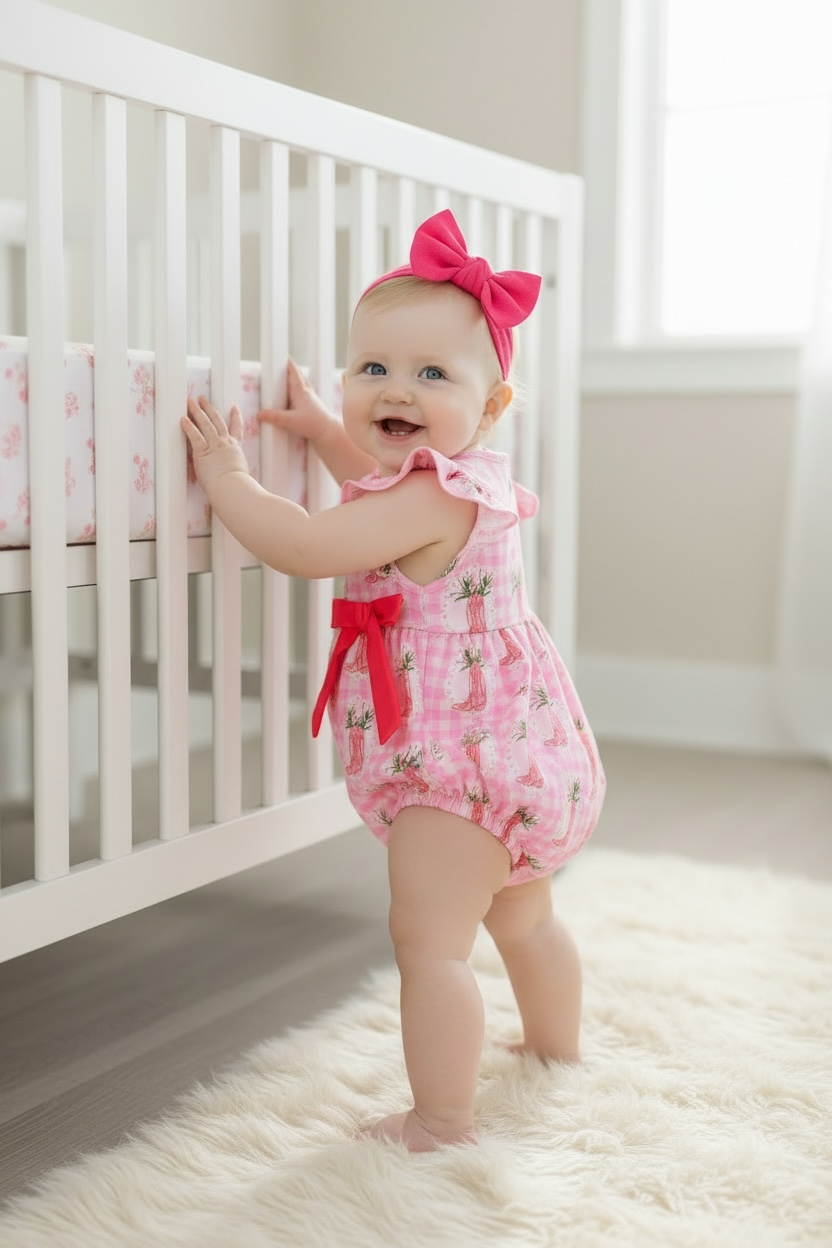Kids Charm Online - Pink Gingham w/ boot printed baby romper w/snaps. RPG60874 JEAN