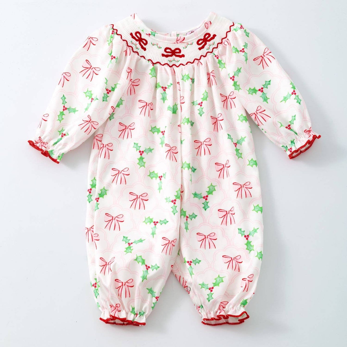 Clover Cottage - Bows & Mistletoes Smocked Baby Romper