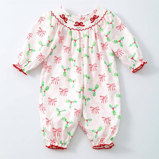 Clover Cottage - Bows & Mistletoes Smocked Baby Romper