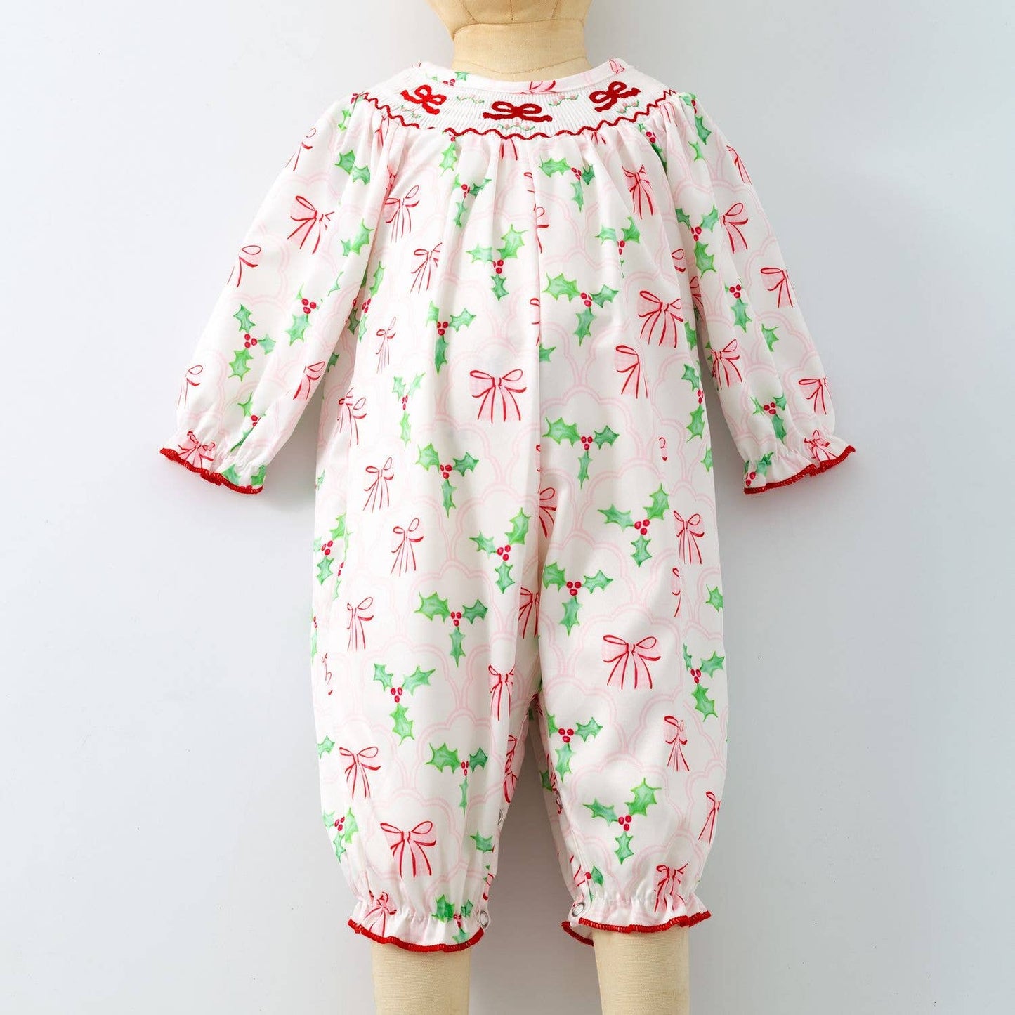 Clover Cottage - Bows & Mistletoes Smocked Baby Romper