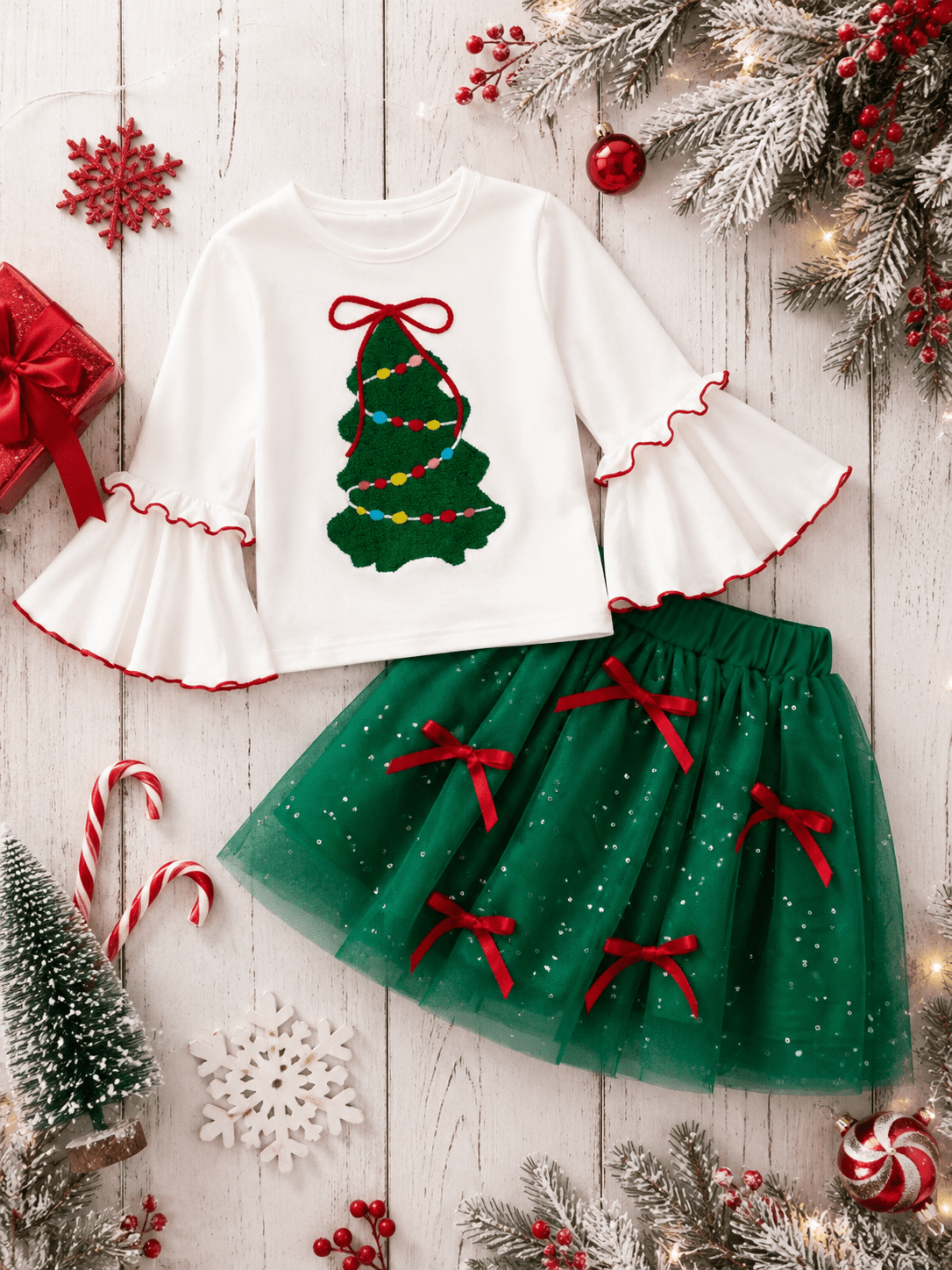 Christmas Tree Girls Sparkle Tutu Skirt Set