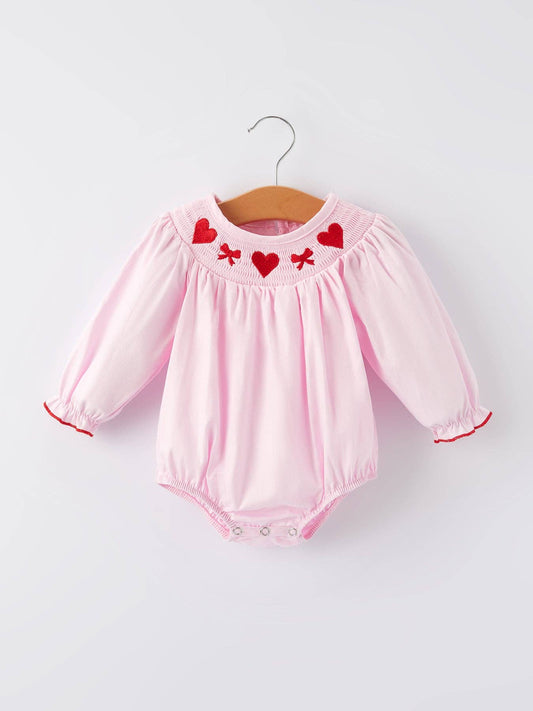 Rylee Faith Designs - Pink valentine Smocking Embroidery Long Sleeve Girls Romper