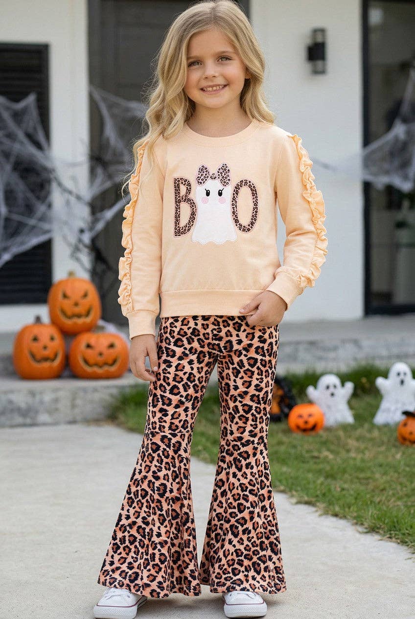Kids Charm Online - "Boo" Ghost application long sleeve top with ruffle sleeve and animal printed bells. OFG61764 AMY