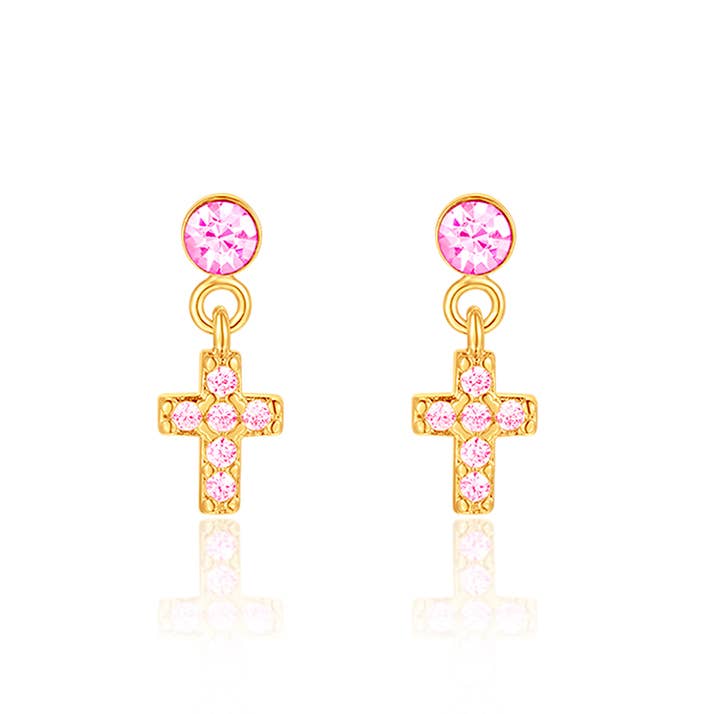 Girl Nation - Little Luxe Drop Earrings | Cross with Pink Cubic Zirconia