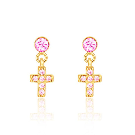Girl Nation - Little Luxe Drop Earrings | Cross with Pink Cubic Zirconia