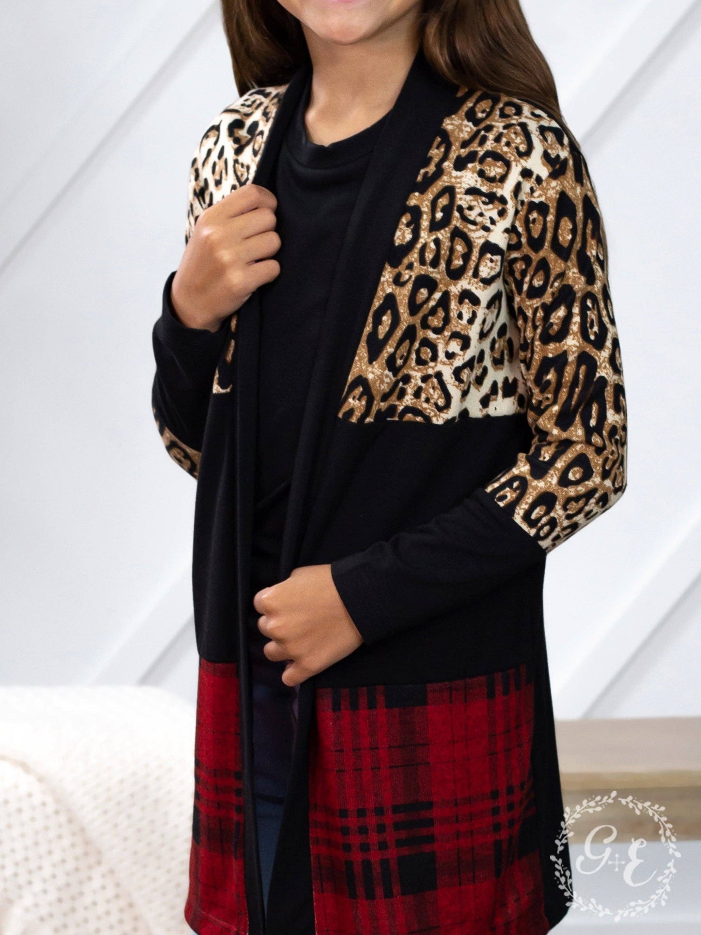 Girls' Chillin' Cardigan with Leopard and Plaid