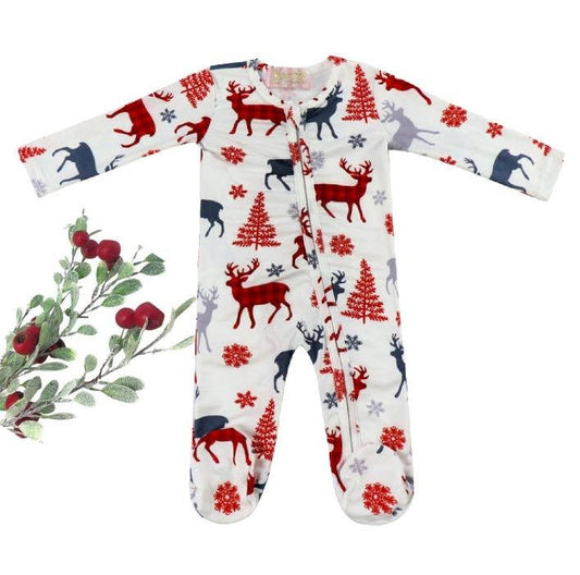 Christmas Baby Zippies Sleepers - Red Trees & Plaid Deer