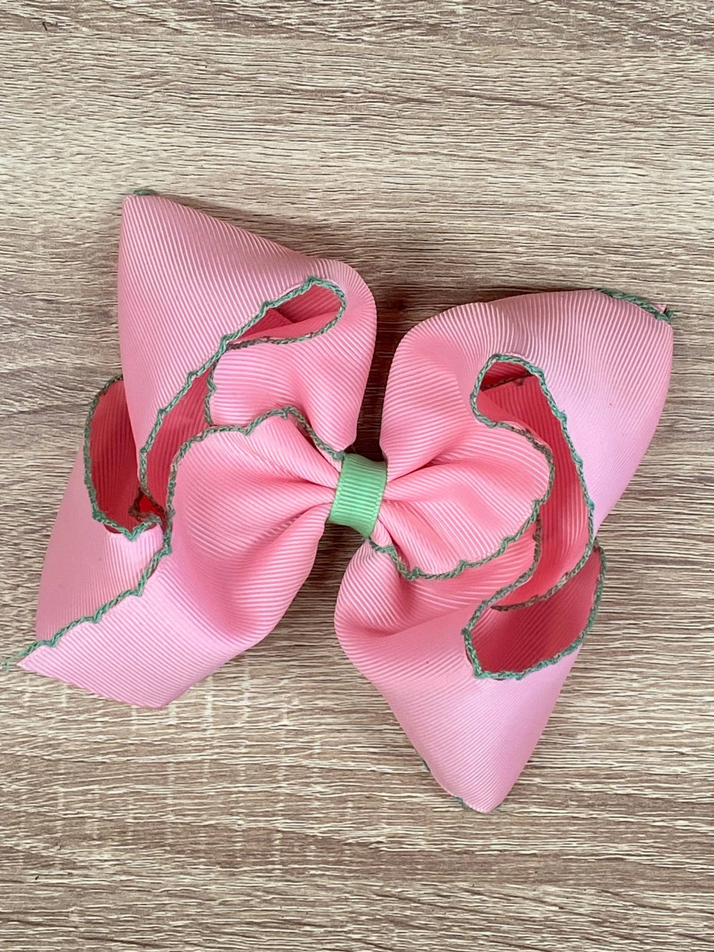 Pink with Green Moonstitch Hair Bow