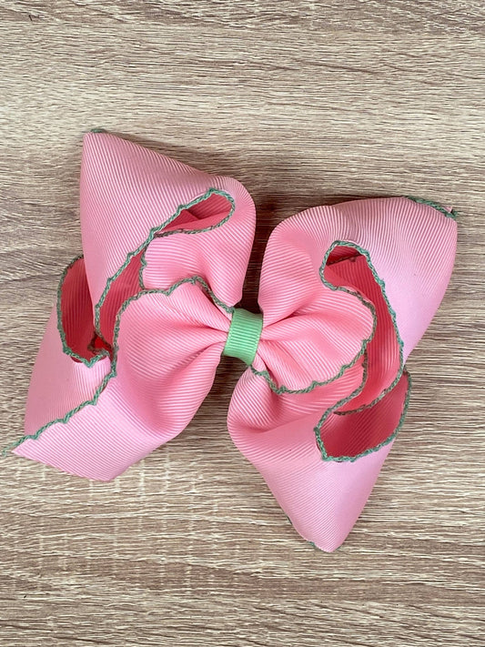 Pink with Green Moonstitch Hair Bow
