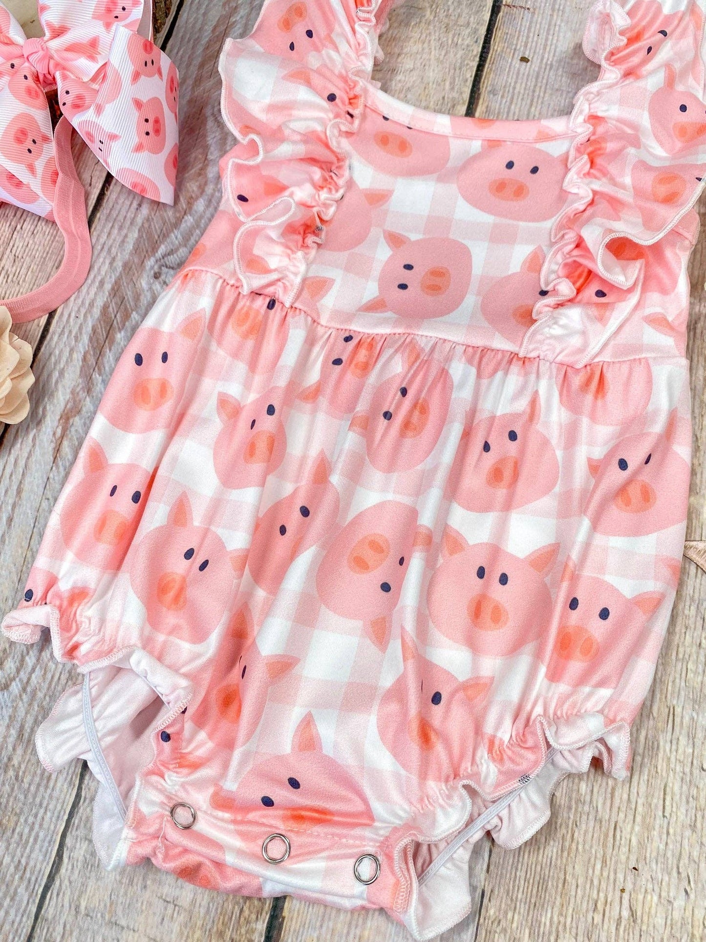 Pink Pig Gingham Bubble Romper | Baby Farm Animal Onesie