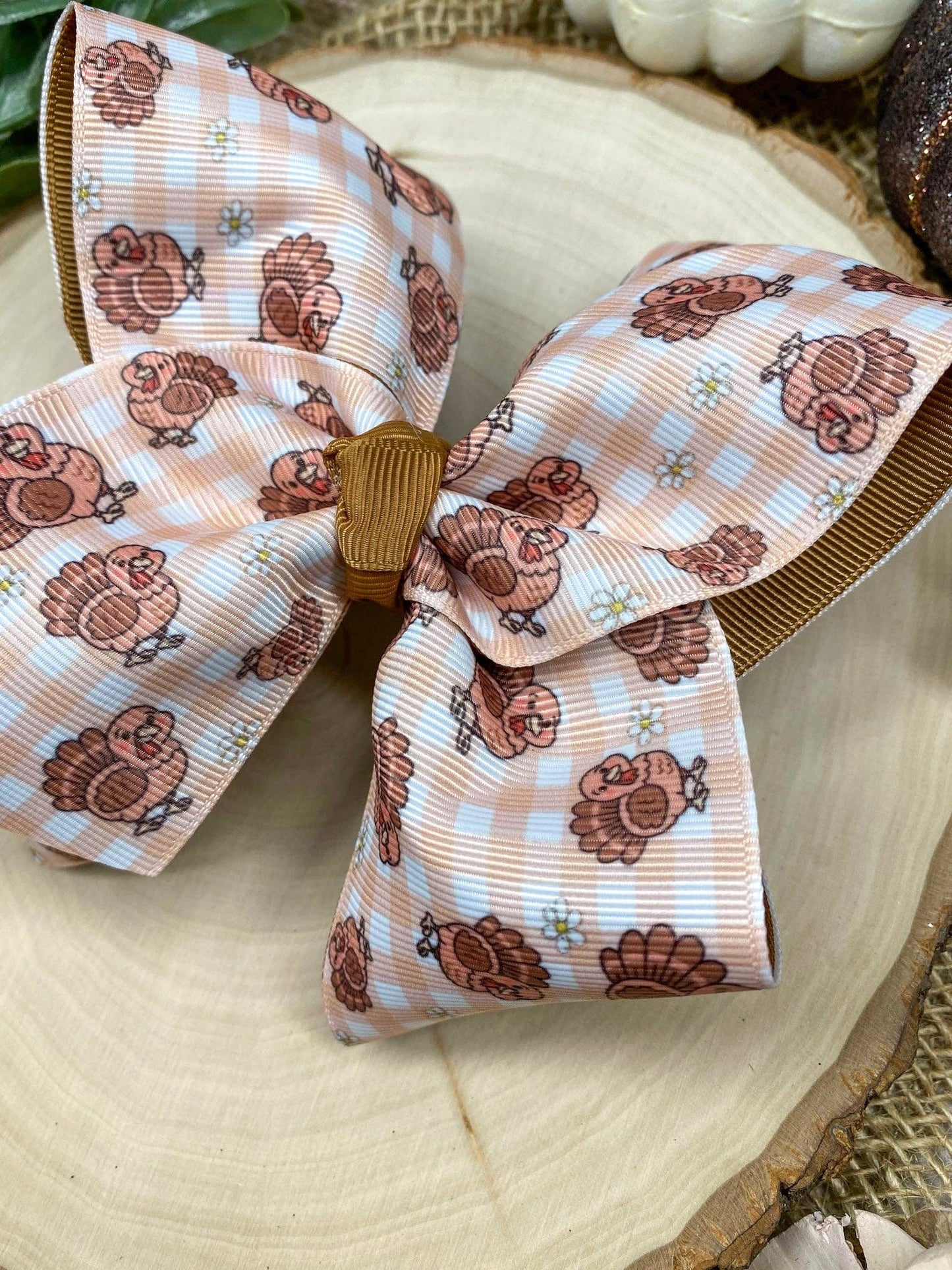 Turkey Print Gingham Bow | Thanksgiving Hair Bow | Clip or Headband