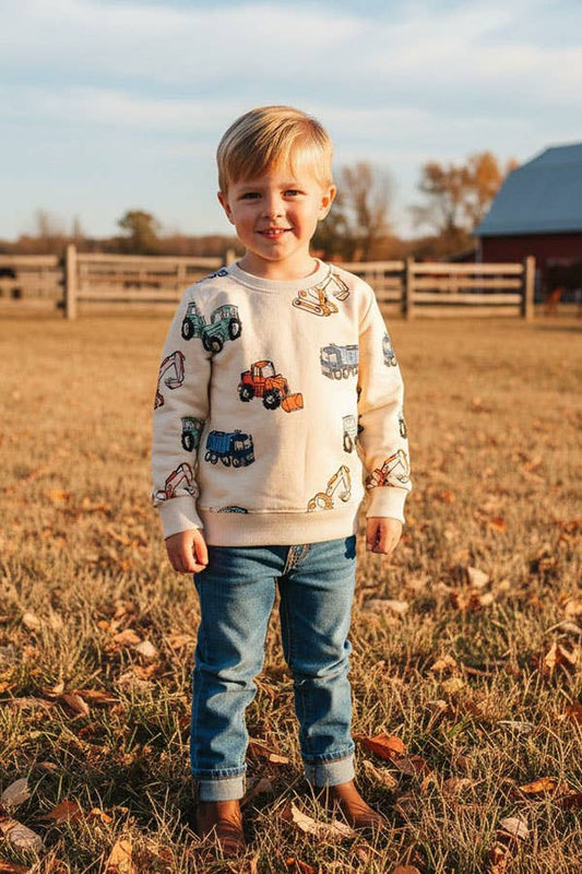 Excavator prints long sleeve cream boys sweatshirt