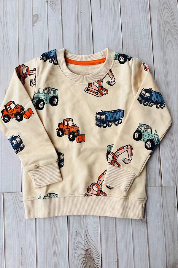 Excavator prints long sleeve cream boys sweatshirt