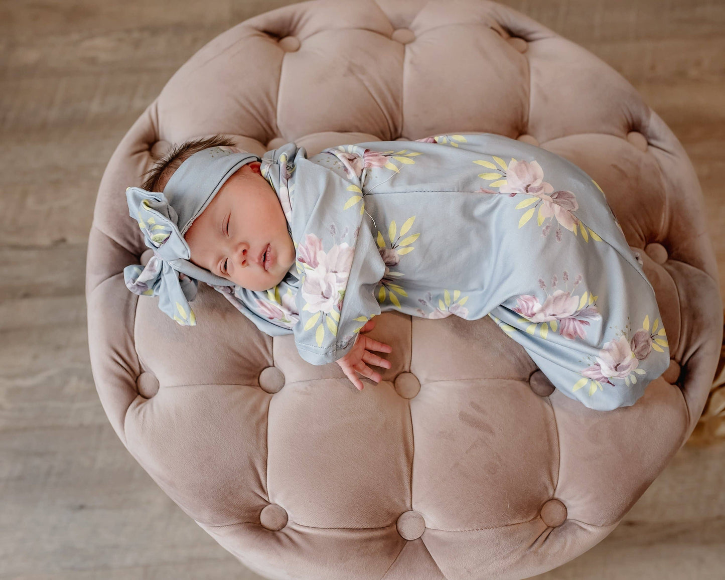 Adorable Sweetness - Infant Girls Gray Blue Floral Baby Gown and Bow Headband