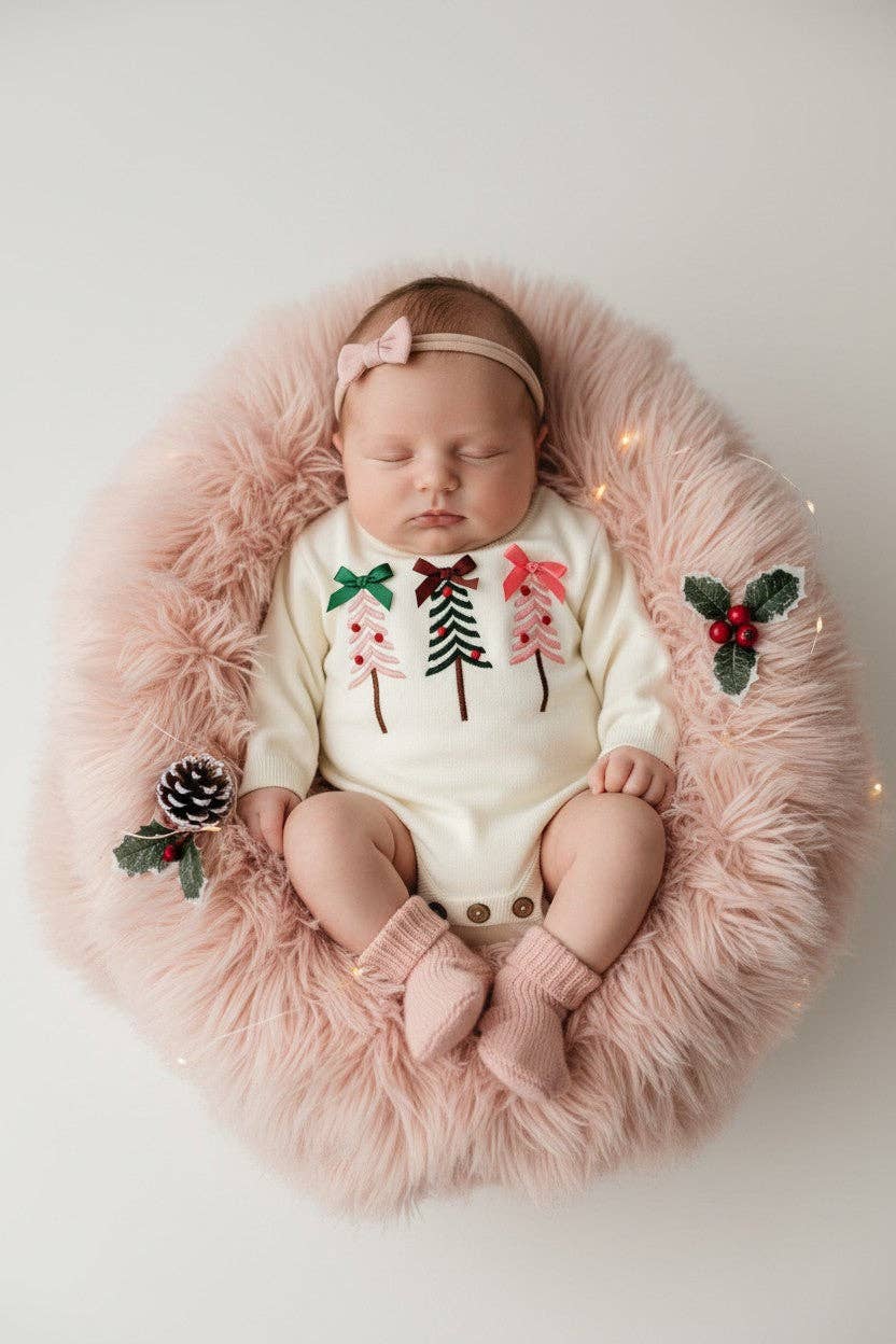 White Christmas tree knit baby bodysuit