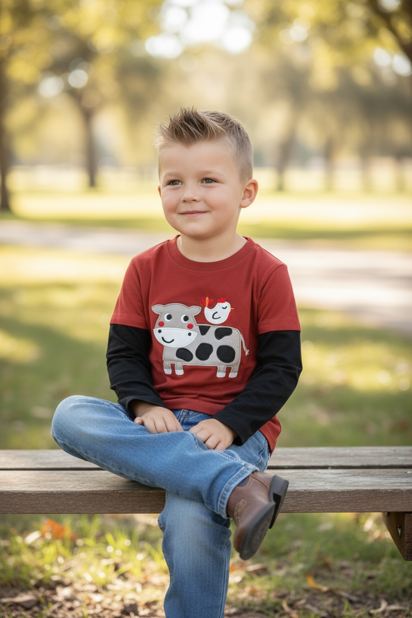 Cow applique long sleeve boys shirt.