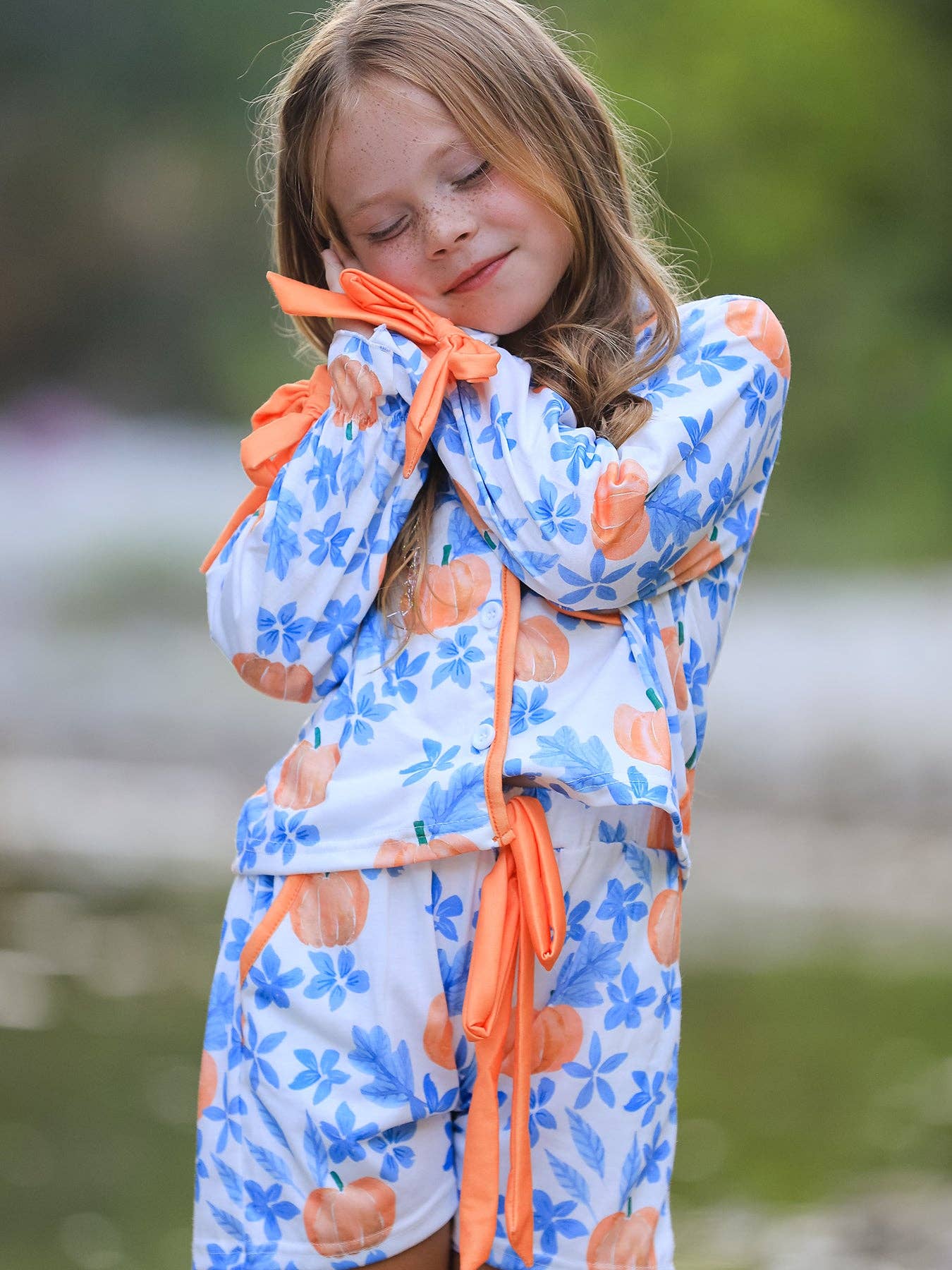 Rylee Faith Designs - Thanksgiving Day Pumpkin Floral Print Girls Pajamas Set