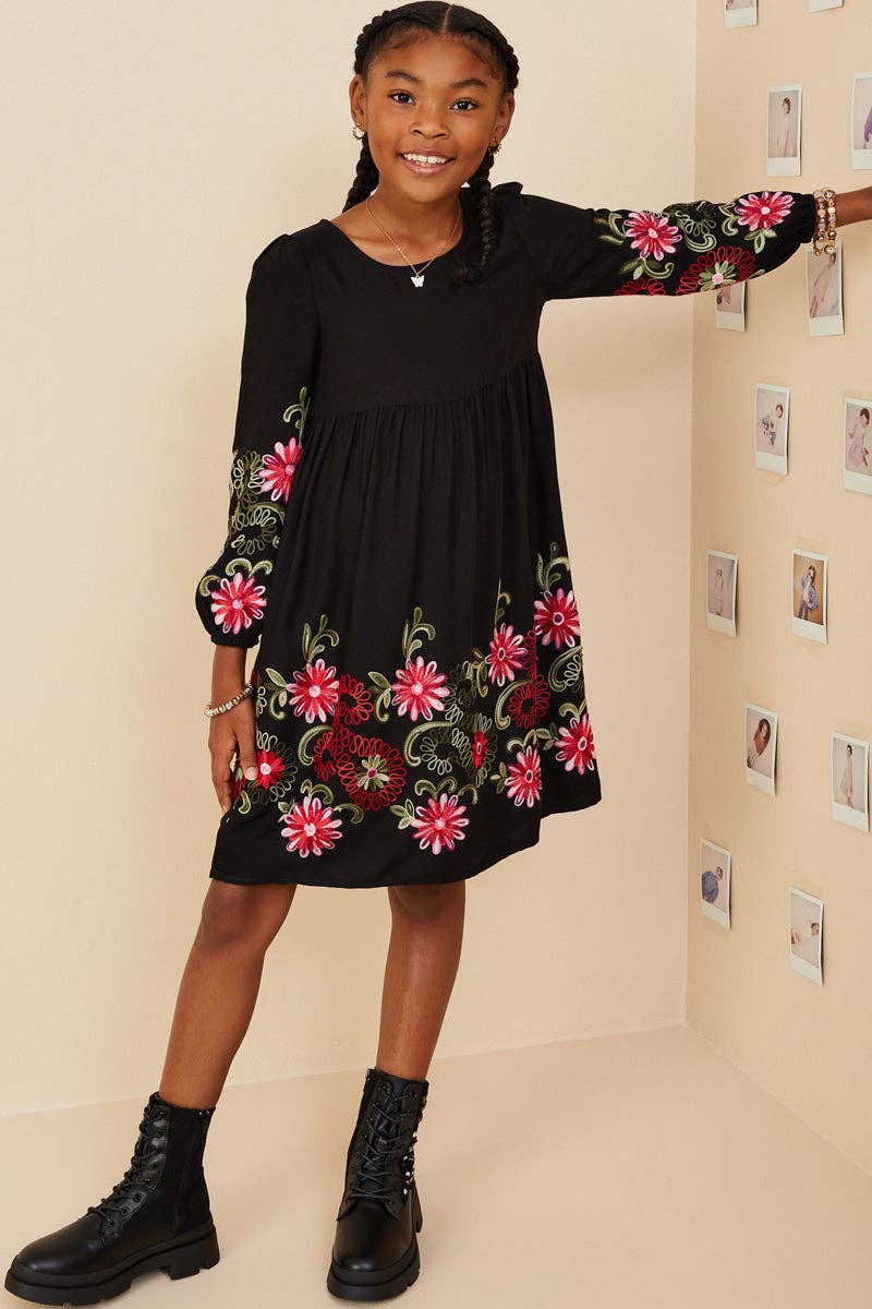 Hayden LA - Girls Embroidered Detail Long Sleeve Scoop Neck Dress