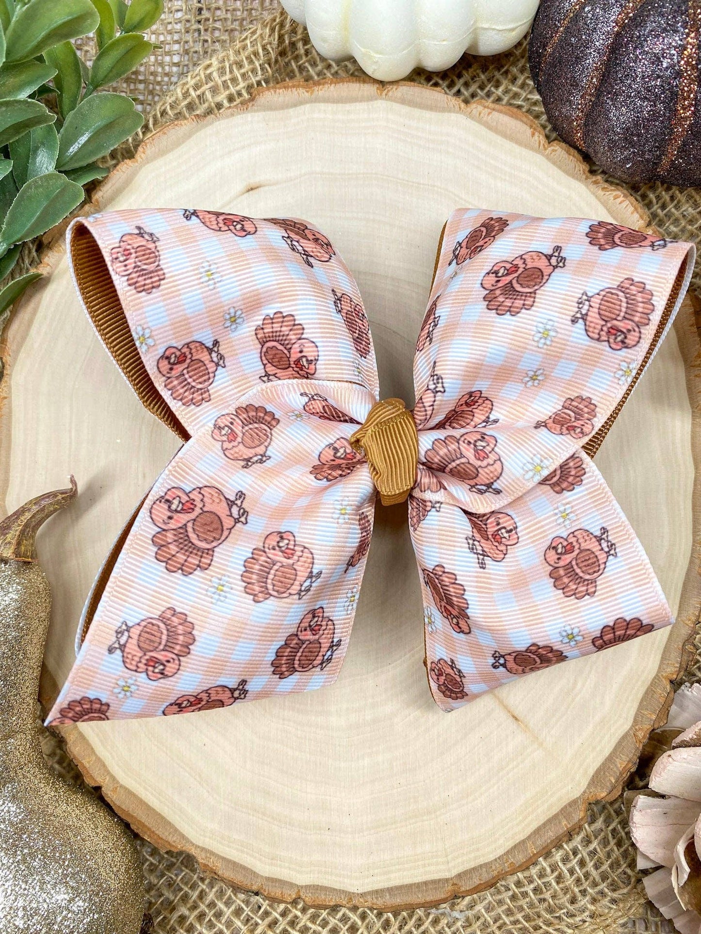 Turkey Print Gingham Bow | Thanksgiving Hair Bow | Clip or Headband