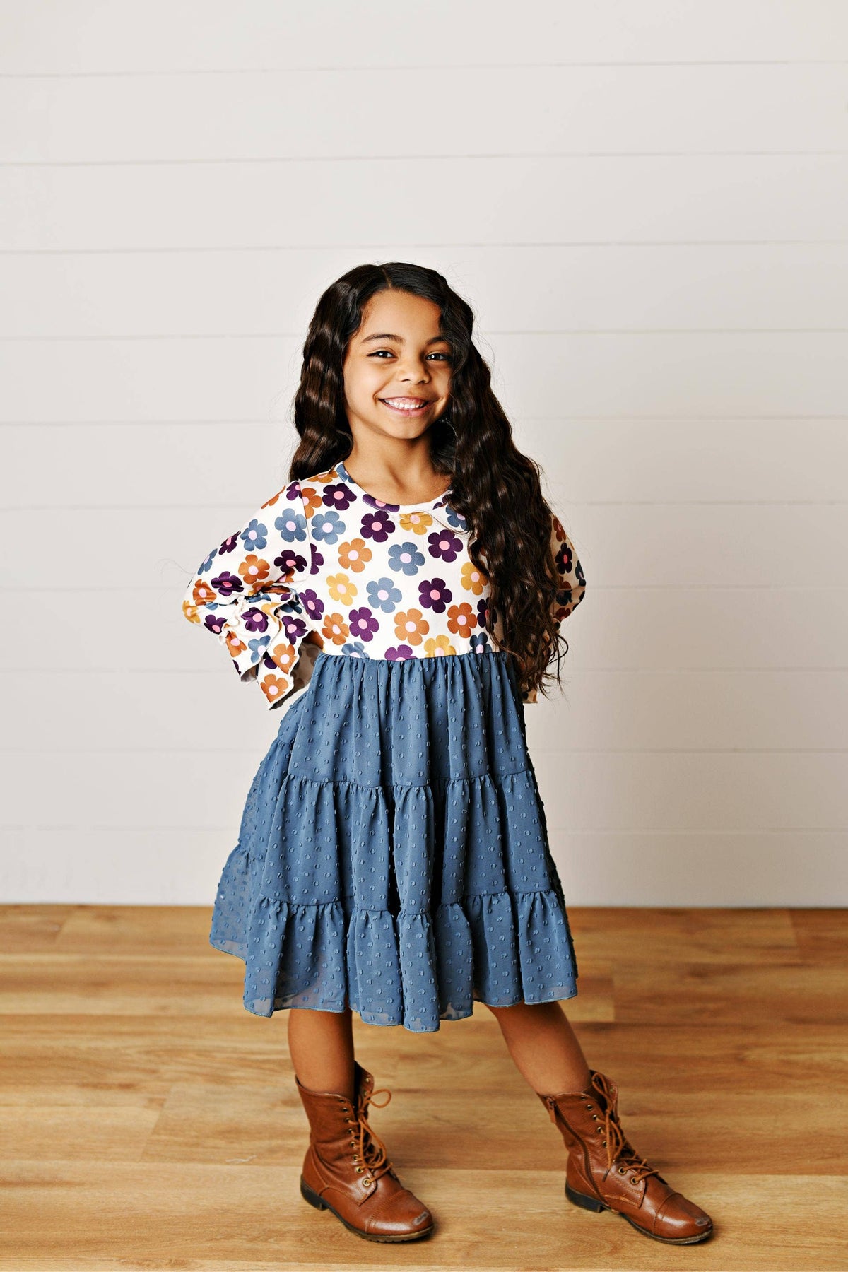 Girls Zoey Twilight Teal Floral Fall Winter Twirl Dress