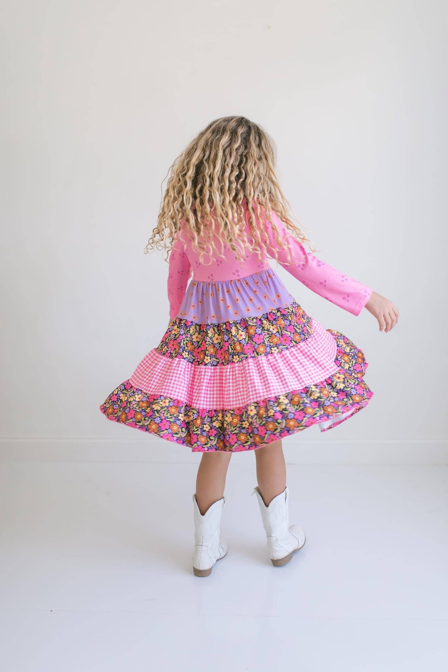 Oopsie Daisy - Kids Avery Bright Pink Floral Long Sleeve Tiered Twirl Dress